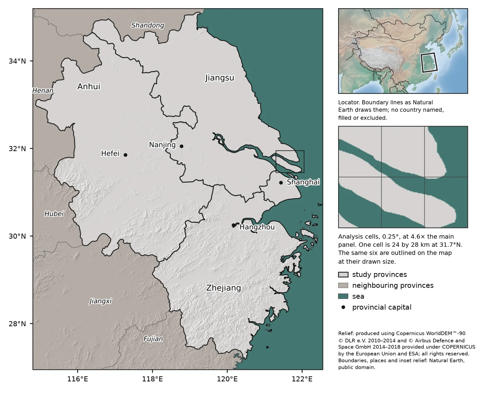 The four Yangtze River Delta provinces on shaded relief, with a locator, a detail box showing the 0.25 degree analysis cells, and the neighbouring provinces named