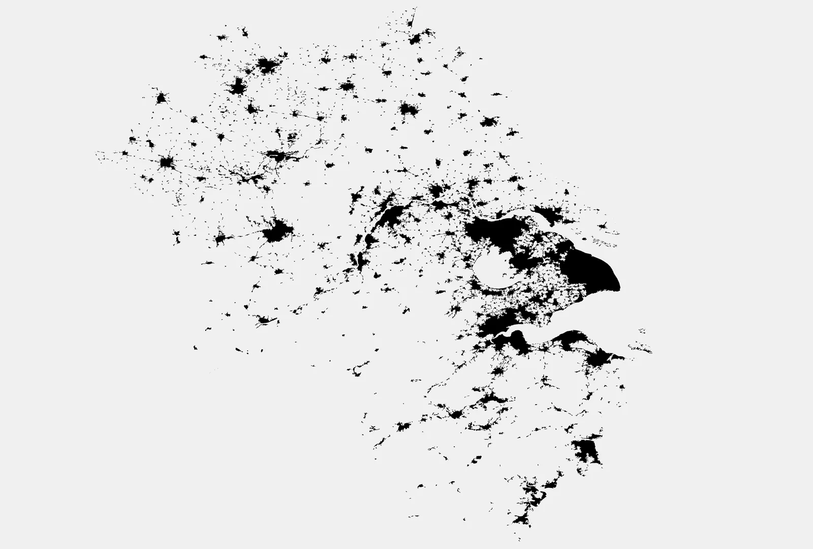Urban extent across the four provinces in 2018, black on grey