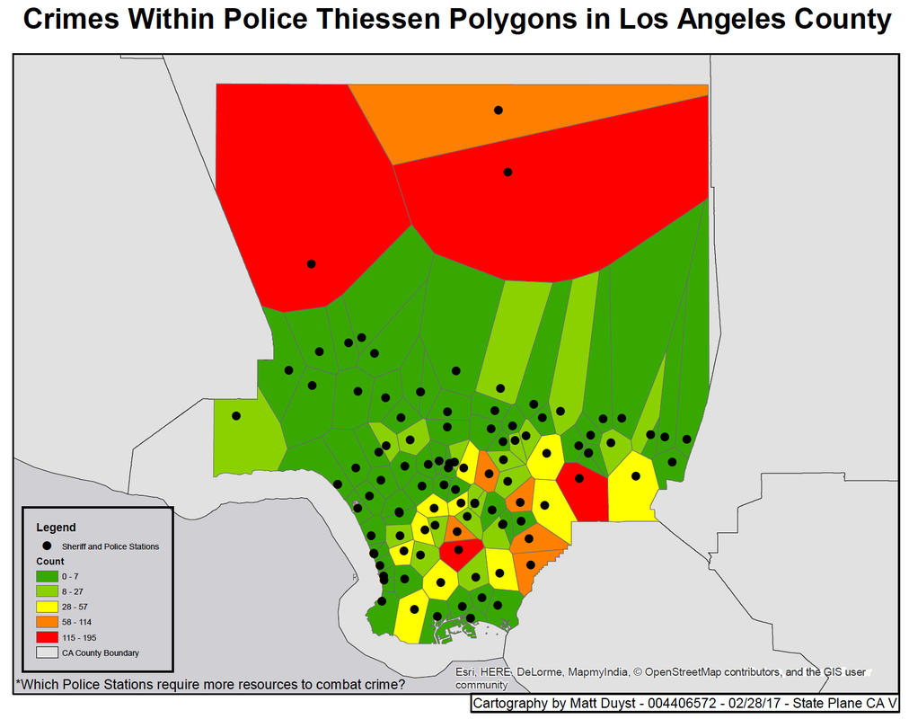 LA County Criminal Mappings: Heat Mapping & Thiessen Polygons of Reported Crimes